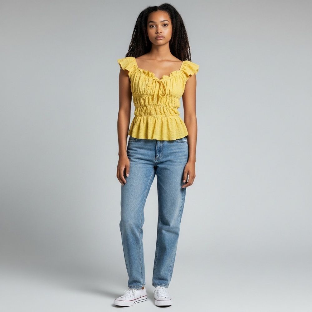 NWOT SHEIN Solid Yellow Ruffled scrunched Blouse Short Sleeve Tie Front size L